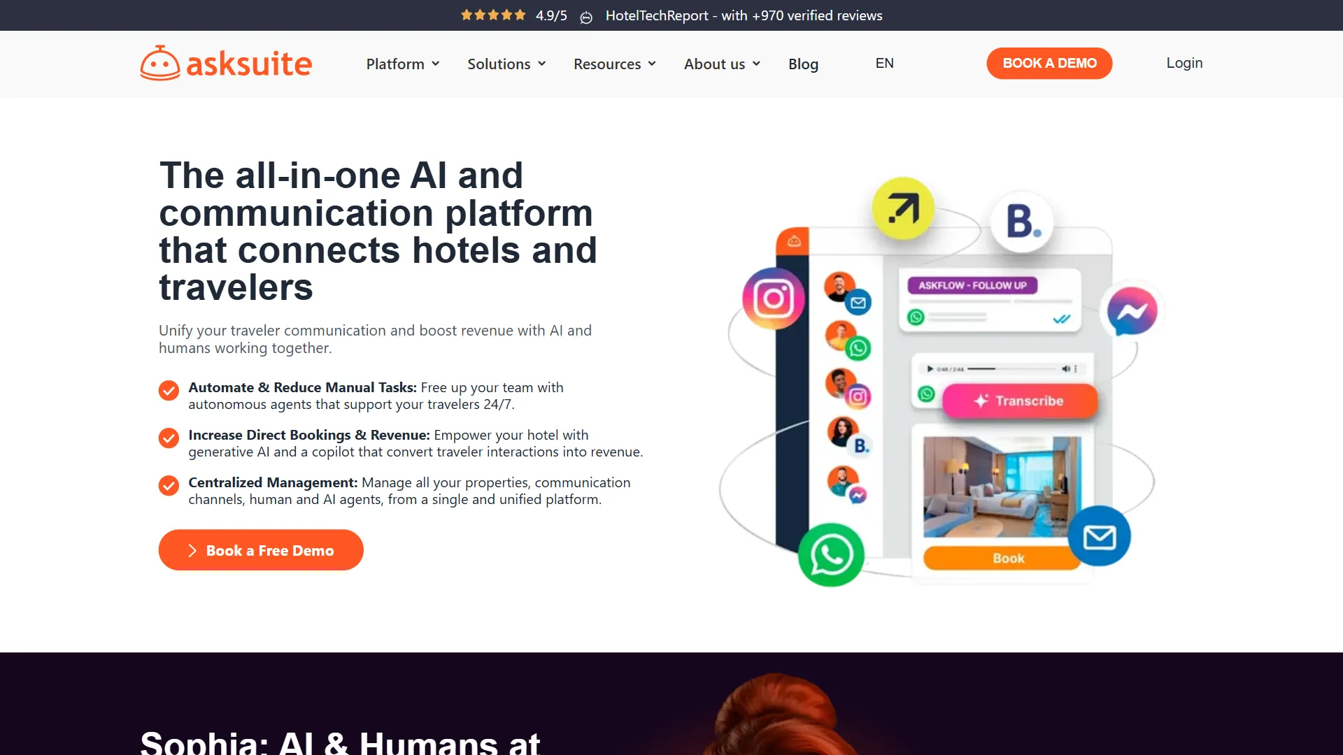 Site da Asksuite, plataforma de atendimento para hotéis, criado pela Vuxi