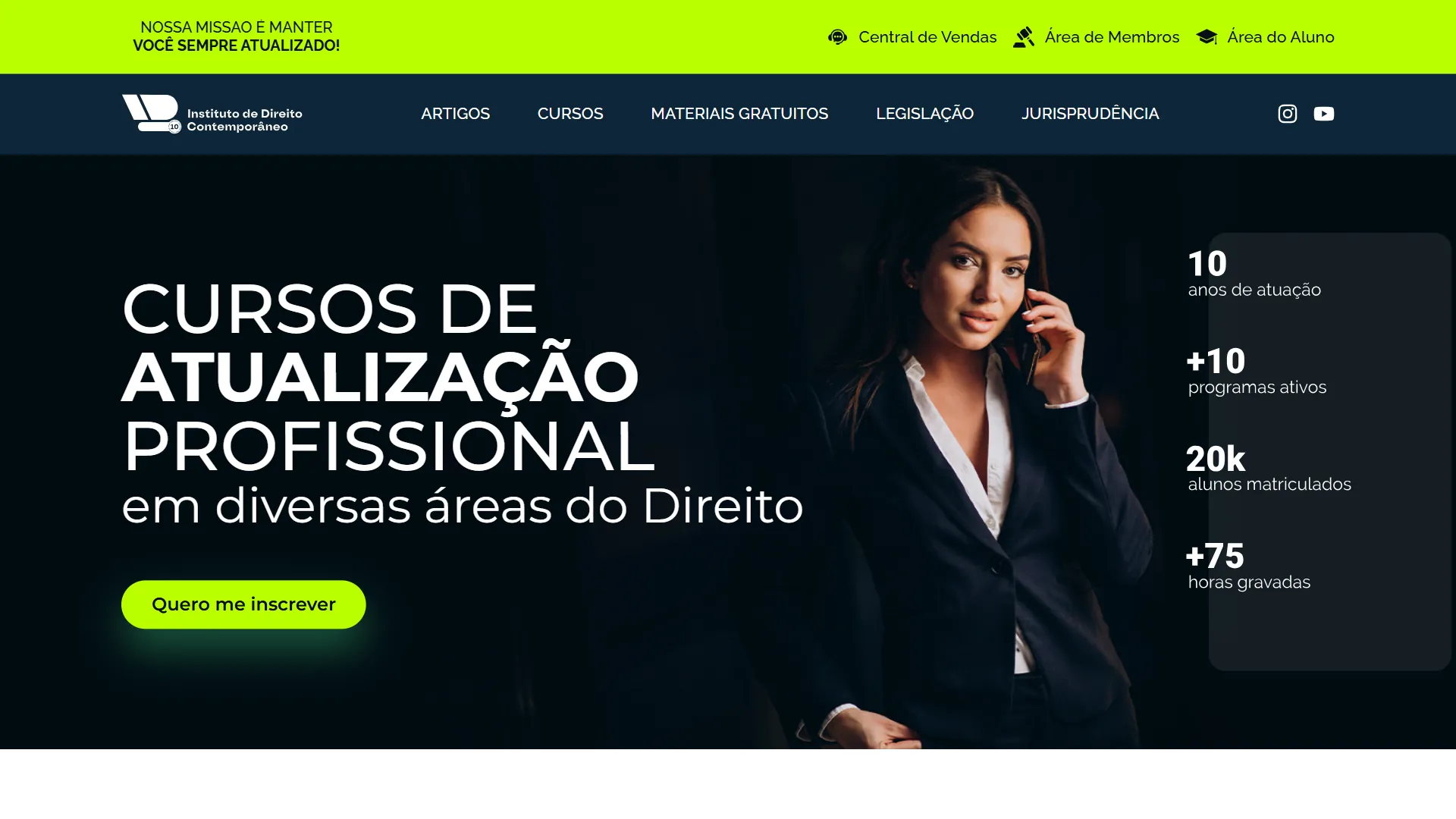 Site do Instituto DC, cursos de Direito, criado pela Vuxi