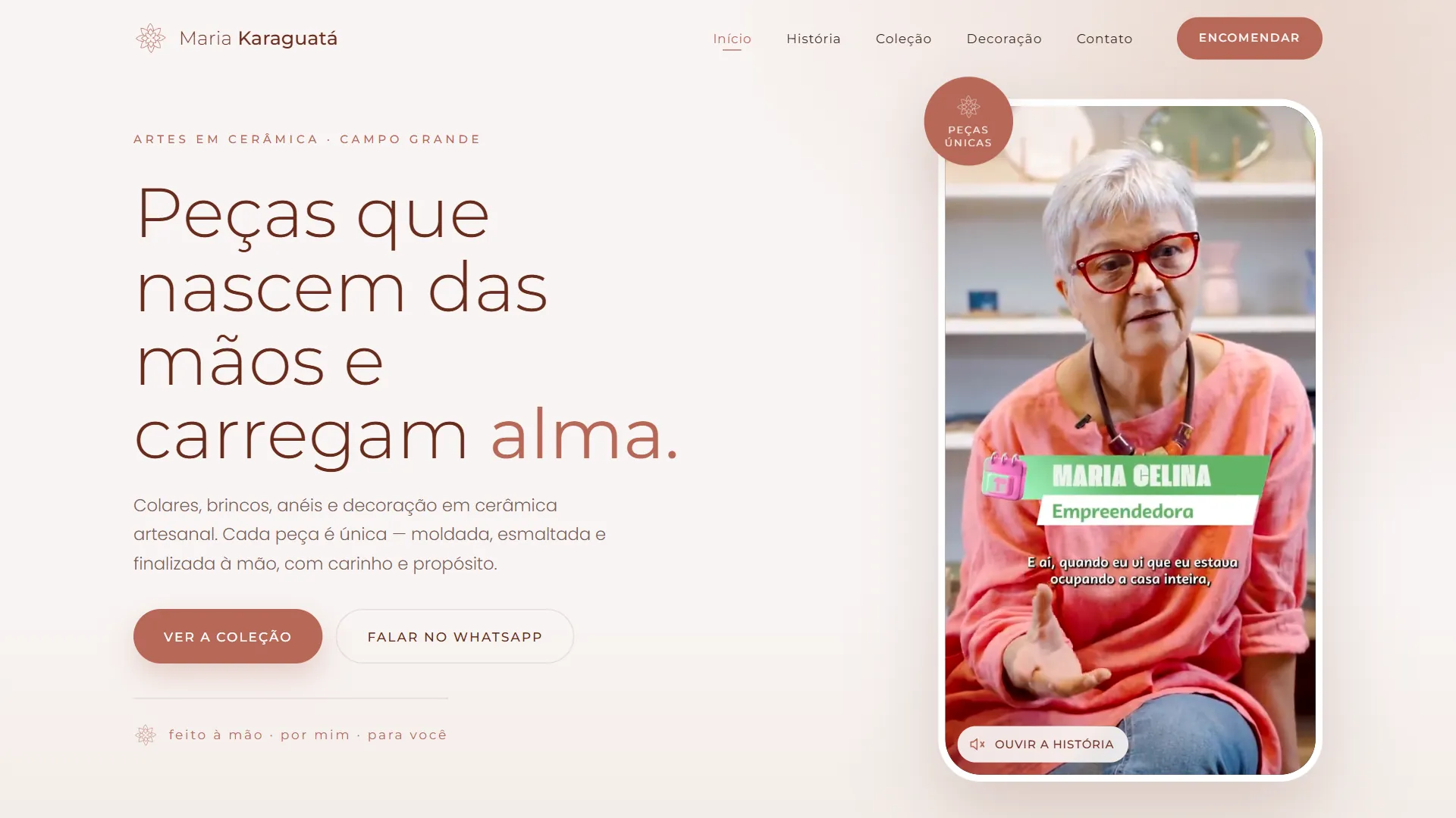 Site da Maria Karaguatá, ateliê de cerâmica e joias, criado pela Vuxi