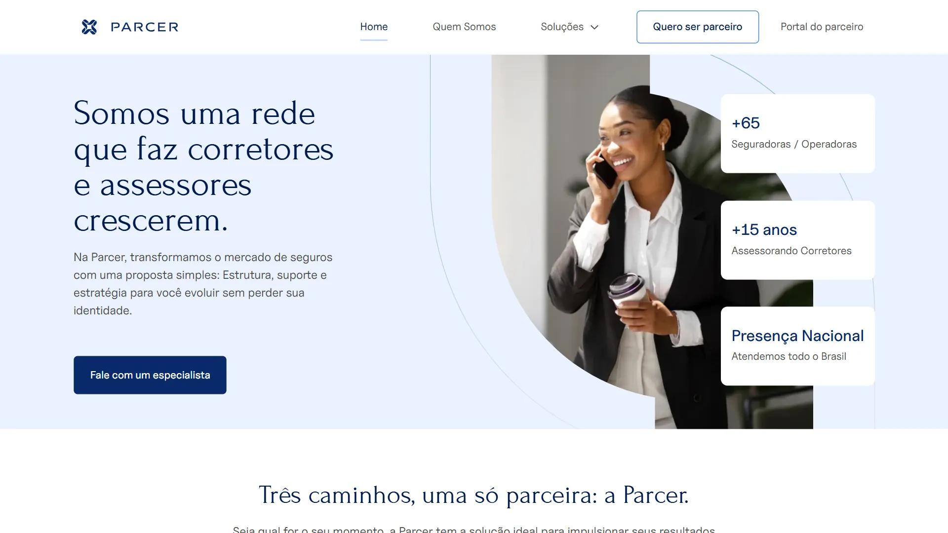 Site da Parcer, rede para corretores de seguros, criado pela Vuxi
