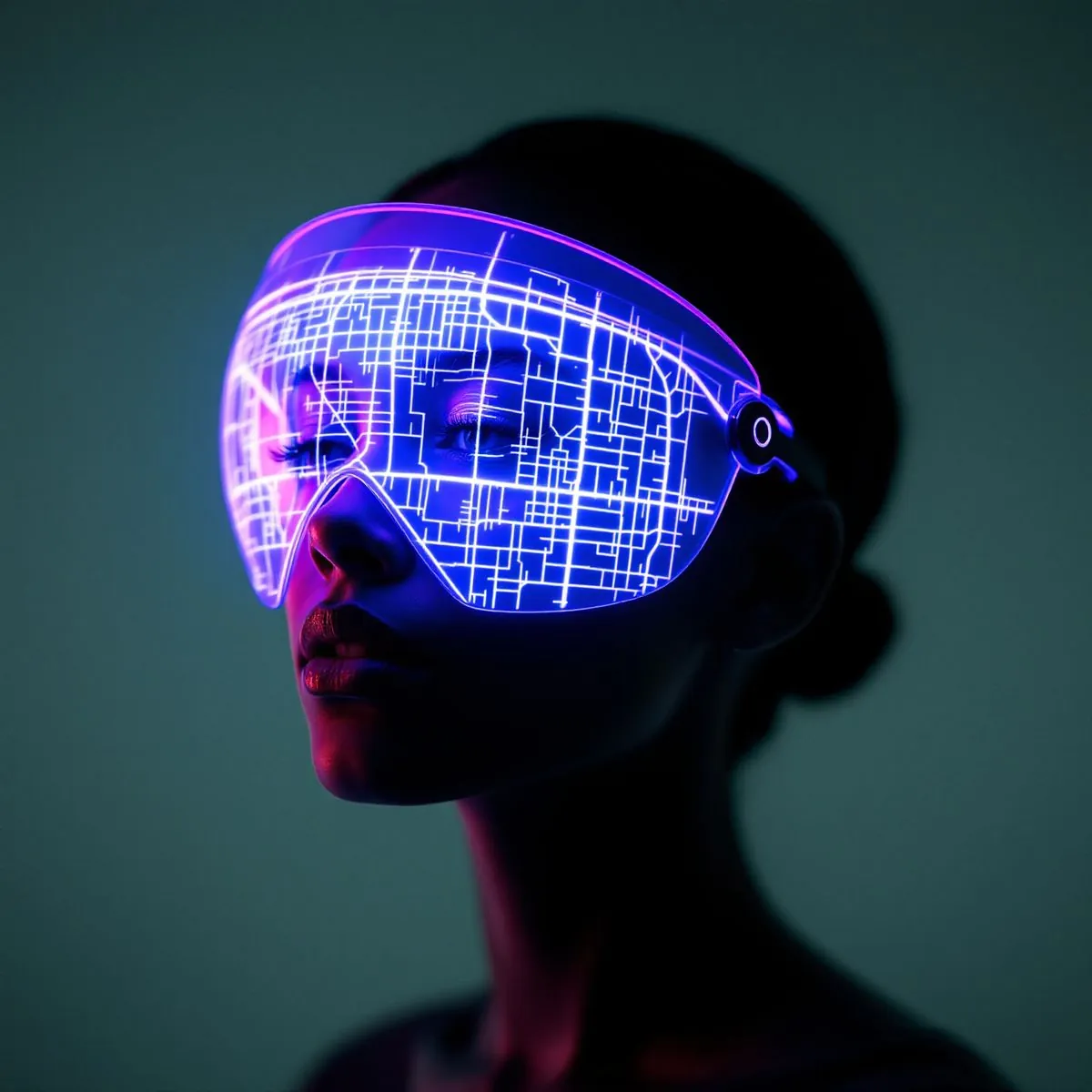 Rosto de mulher com um visor transparente que projeta um mapa de ruas em roxo brilhante
