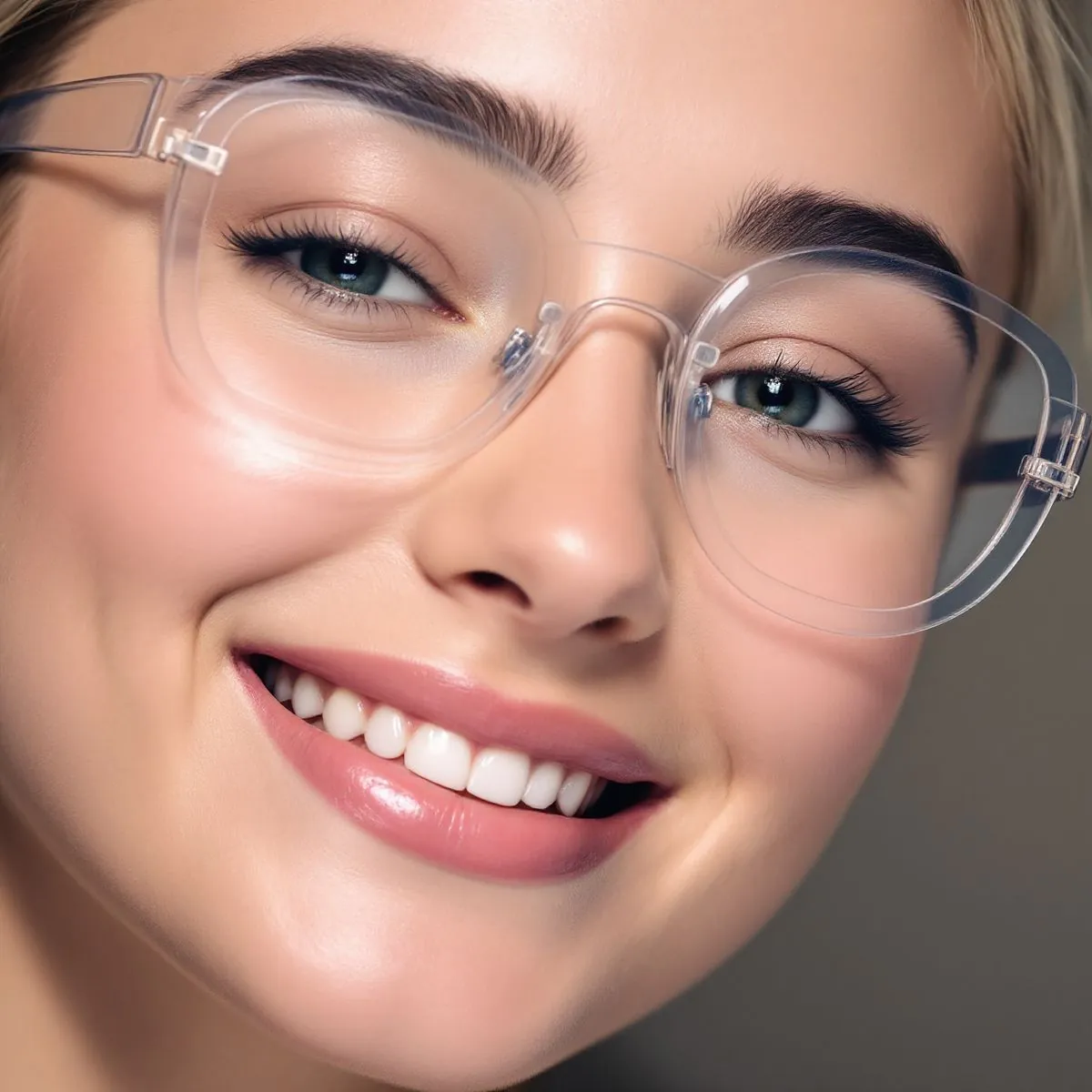 Close de uma mulher sorrindo, com óculos de armação transparente